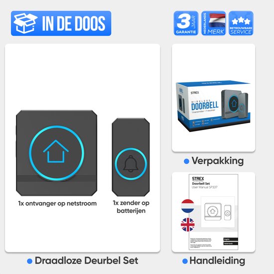 Strex Wireless Doorbell - Récepteur alimenté par le secteur - Portée de 300 m - 60 mélodies - Sans fil - Résistant à l'eau - Noir