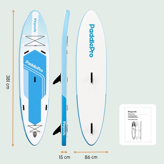 LifeGoods SUP Board Tandem - 2 personnes - 220 KG de capacité de charge - 381 x 86 cm - Gonflable - Pack Sup complet - Bleu ciel