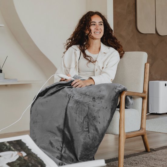 Couverture électrique Bloomfold - 160 x 130 cm - Lavable en machine - 1 personne - 9 niveaux - Avec minuterie - Couverture chauffante - Gris/flanelle