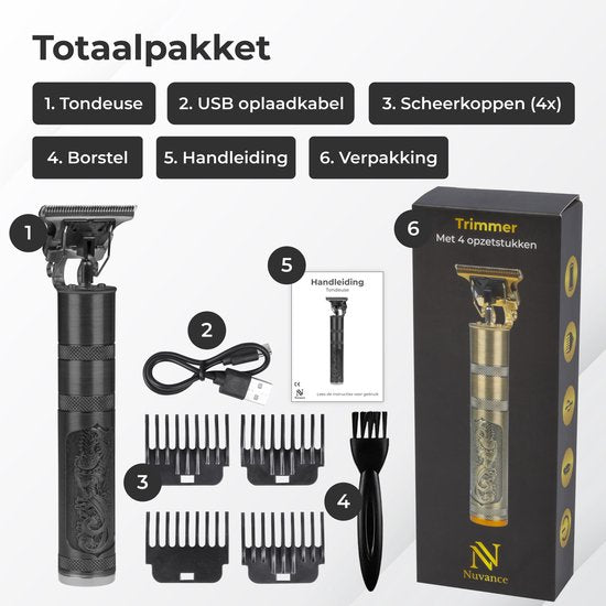 Nuvance Trimmer Men - Hair clipper Head Hair - Includes 4 Attachments - Beard trimmer and Hair trimmer - Hair clippers - Usb Rechargeable