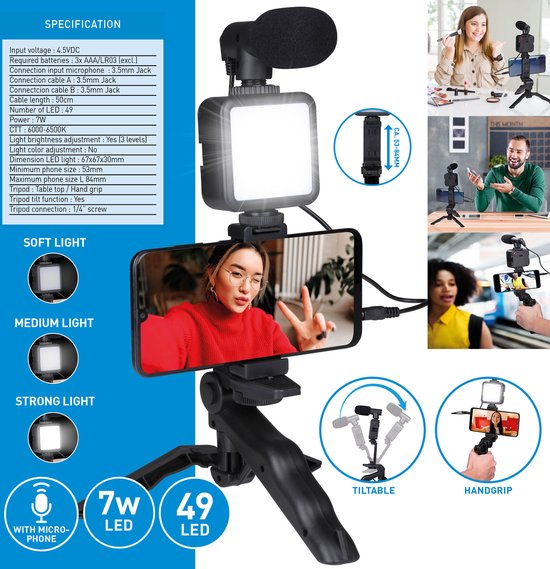 Grundig Phone Tripod with Lamp - Trépied pour téléphone avec microphone - LED avec 3 réglages de couleur - téléphones 53 à 84MM - Table Top et Selfie Stick - Plastique - Noir