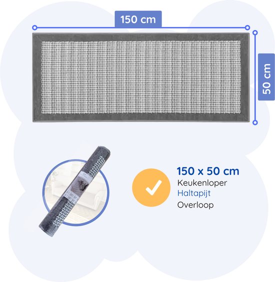 Hilvard - Tapis de cuisine - Lavable - 150 x 50 cm - Noir Gris - Antidérapant - Tapis de cuisine - Protecteur - Robuste - Moquette