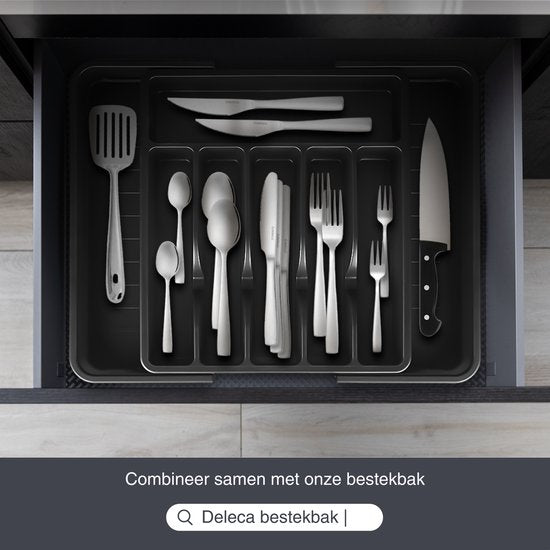 Deleca 8 Person Cutlery Set Essential (48 pieces) - Spoons, Knives, Forks, Steak Knives & Pastry Forks - Dishher Safe Cutlery - Shiny Black / Stainless Steel