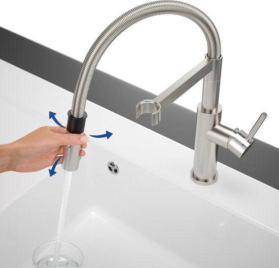 Villeroy & Boch Steel Expert 2.0 - Robinet de cuisine avec bec flexible et douchette extractible, acier inoxydable 928000LC