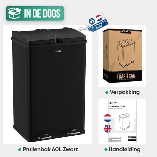 Avalo Trash Bin Waste Separation 60 Liter - Stainless Black - 2 Compartments - Environmentally Conscious, Hygienic & Fingerprint-Free - Pedal bin / Trash can