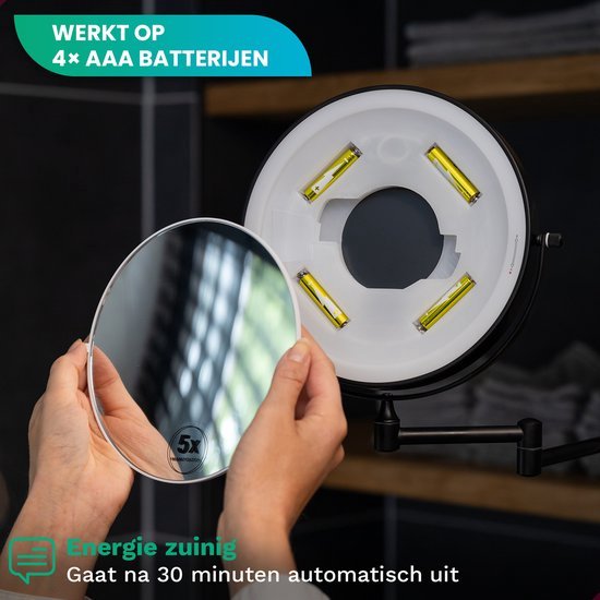 Miroir de maquillage avec éclairage Led - grossissement 5X - Miroir mural rond - Miroir de rasage modèle mural - Salle de bain - Douche - Noir