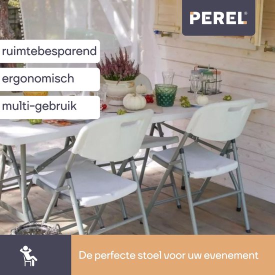 Perel Chaise pliante blanche pour l'intérieur et l'extérieur, en plastique, peu encombrante, idéale pour les événements, les fêtes et la restauration, avec structure en acier et assise résistante aux intempéries