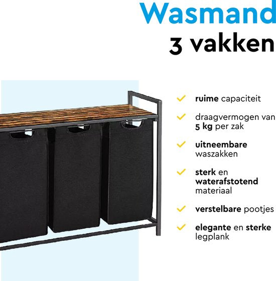 BRASQ Panier à linge 3 compartiments - Trieur de linge 114 litres - Extensible avec étagère 92,5x33x71 cm - Boite à linge Métal noir - Bois brun - Panier