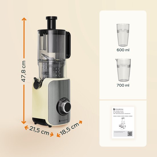 KitchenBrothers Slowjuicer - Vertical - Presse-agrumes - Presse-légumes et fruits - 126 mm - 750 ml - Champagne
