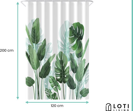 Rideau de douche anti-moisissure Loti Living - Anneaux inclus - 100% Polyester - 120x200 cm - Blanc/vert