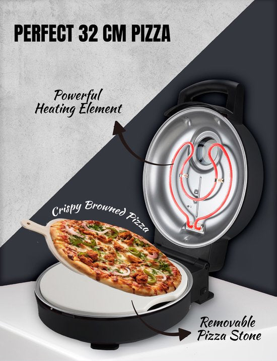 Bestron Turbo Pizza oven pour une pizza en 5-10 minutes, four à pizza électrique avec une température maximale réelle de 320°C, comprend une pierre à pizza et 2 grandes spatules en bois, Black Label, couleur : Noir mat