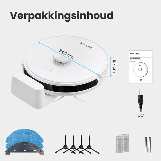 Auronic Robot Aspirateur - Avec fonction balayage - WiFi et App - Station de charge - Animaux domestiques - Robot balayeur - Navigation laser - Blanc