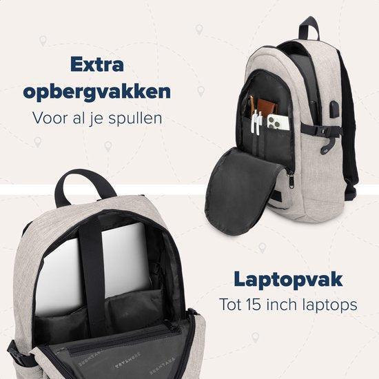 TRVLMORE Sac à dos - 25L - 15.6 Inch - Sac à dos pour ordinateur portable avec USB - Cartable - Homme et Femme - Sac Champagne