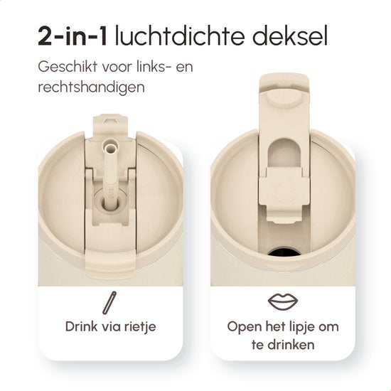ONYX Bouteille à boire avec paille 1,2 litre - Bouteille d'eau pour enfants et adultes - Tasse thermos - Tasse de voyage - Boire pour la motivation - Tasse à boire pour l'école - Beige