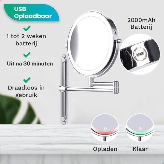 Mirlux Miroir de maquillage avec éclairage Led - rechargeable - grossissement 7X - Miroir grossissant avec lumière - Miroir de rasage - Miroir de salle de bain - Chrome