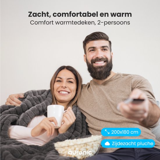 Couverture électrique Auronic - 200 x 180cm - 2 personnes - Couverture chauffante - 3 niveaux de chaleur - Peluche - couverture chauffante - Anthracite