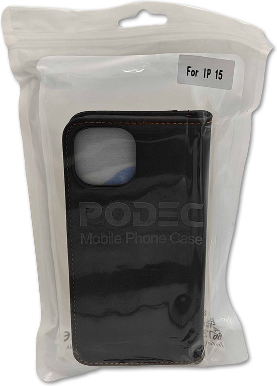 Podec Case with Card Holder Suitable for iPhone 15 Black Phone Case - Anti-Shock Bookcase Cover with 1x Screen Protector - Wallet Case