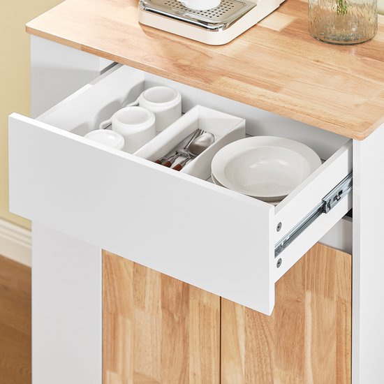 SoBuy Chariot de cuisine à roulettes - Armoire de cuisine avec plan de travail en bois d'hévéa, meuble de cuisine indépendant pour salle à manger et coin café 70 x 40 x 90 cm Blanc FKW132-WN