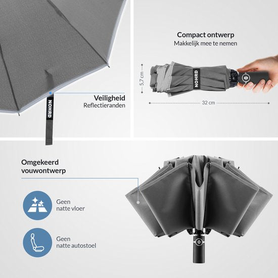 Parapluie tempête Nohrd - Gris - Parapluie pliable - Résistant à la tempête 108 km/h - Parapluies tempête - Pliage et dépliage automatique - Réfléchissant - Parapluies - Housse de protection incluse