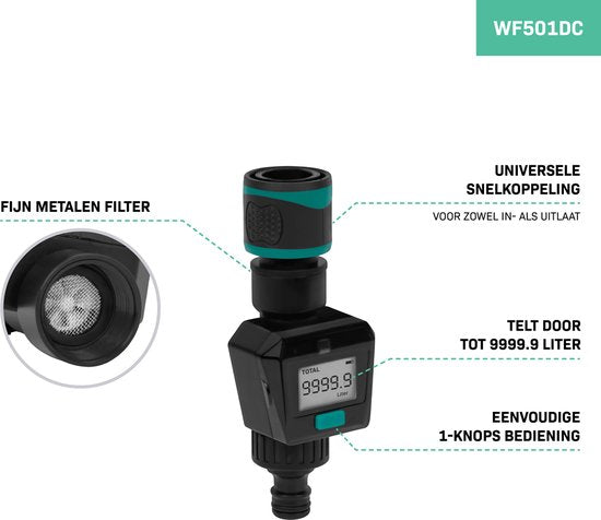 VONROC Compteur d'eau - Numérique - Incluant les raccords de tuyaux et la batterie