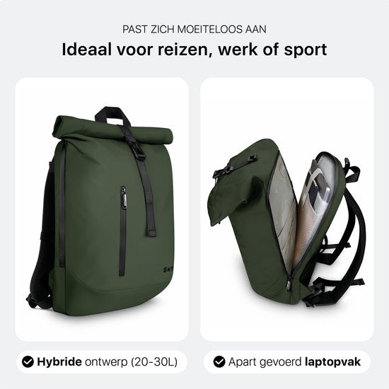 ONYX Rolltop PRO Backpack 20 à 30L - Avec compartiment pour ordinateur portable - Sac à dos ajustable - Sac de voyage - Imperméable et durable - Vert forêt