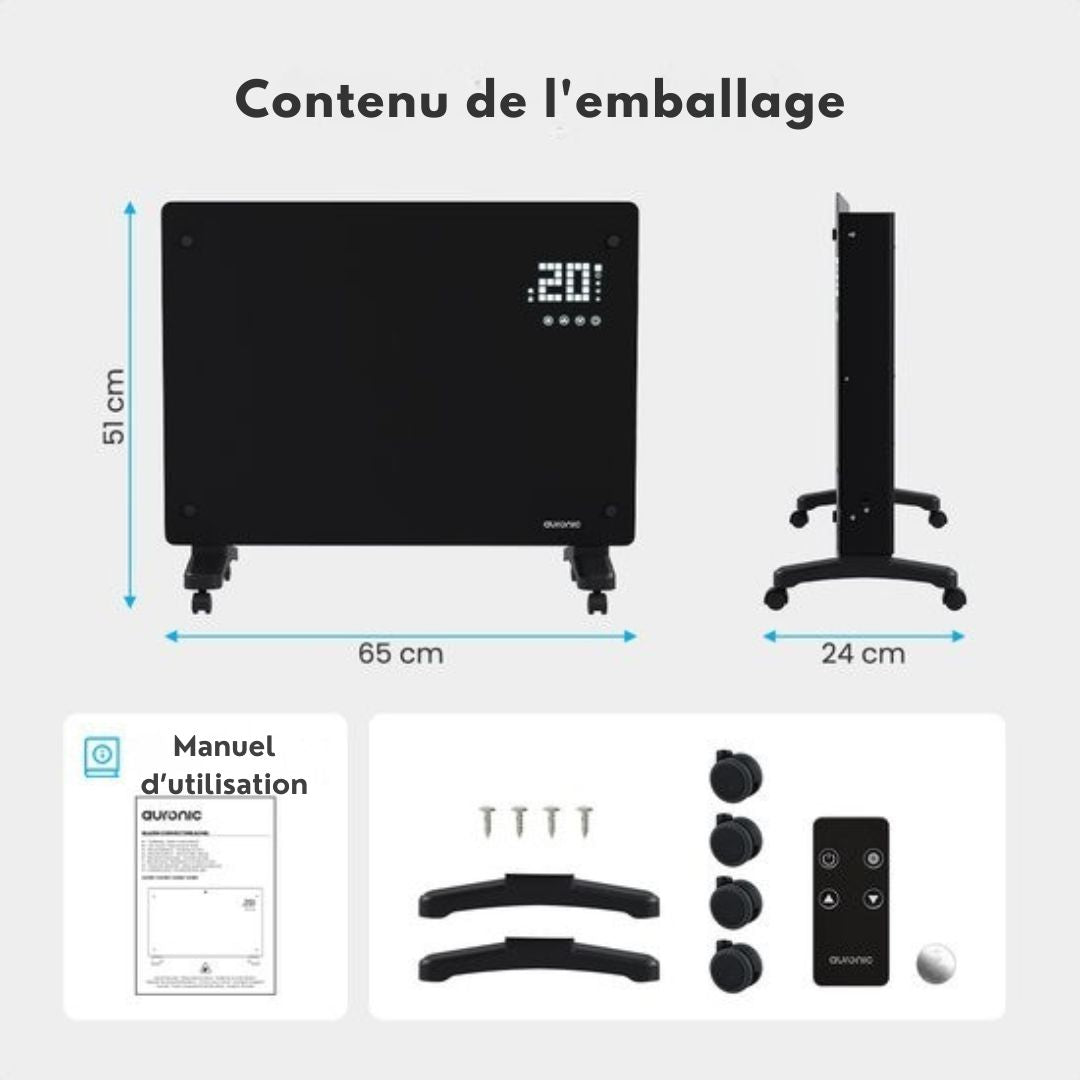 Chauffage électrique Auronic - Convecteur - Thermostat et télécommande - Radiateur à panneau en verre - 1500 W - Noir