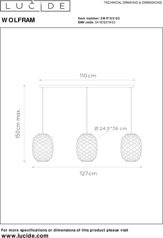 Lucide WOLFRAM - Lampe suspendue - 3xE27 - Or mat / Laiton