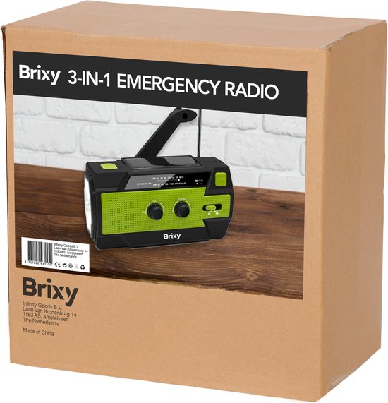 Radio d'urgence Brixy - Radio avec batterie pour les urgences - 4000 MAH - rembobinable - solaire - lampe de poche - powerbank - vert