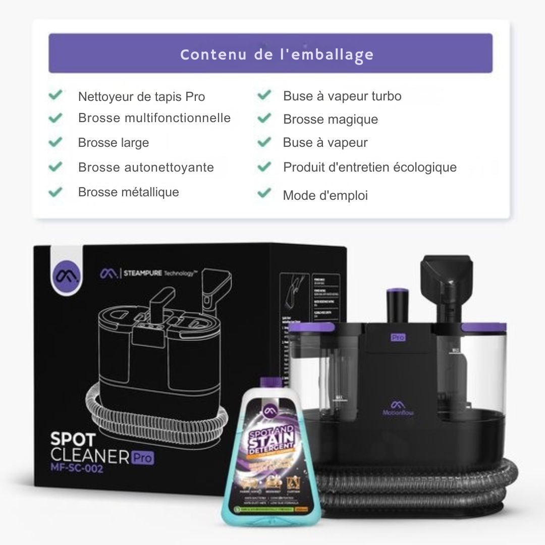 Nettoyeur de tapis PRO Motionflow - Nettoyage en profondeur avec fonction vapeur jusqu'à 100°C - Puissant nettoyeur de taches 1700W - Nettoyage pour sol, canapé, salle de bain et tapis - Produit nettoyant - Noir