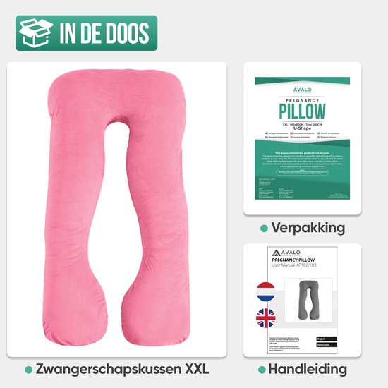 Avalo Oreiller de grossesse XXL 280 cm - Oreiller de sommeil latéral en forme de U - Oreiller ergonomique pour le corps - Oreiller d'allaitement & Oreiller pour le corps pour les femmes enceintes - Rose