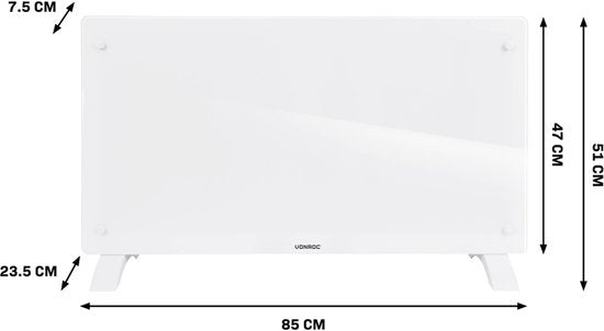 VONROC Chauffage électrique de luxe - Convecteur avec panneau en verre - 1250W/2500W- Chauffe les pièces jusqu'à 30m2 - Contrôlé par l'application (via Wifi) et manuellement - Thermostat et minuterie réglables - Blanc