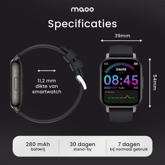 Maoo Amplify 2 Smartwatch Femme et Homme - Convient à Android et iOS - Bracelet en silicone et milanais - Compatible WhatsApp - Fonction Belf complète - Multisport - Moniteur de fréquence cardiaque et de pression artérielle - Moniteur de sommeil - Cadeau