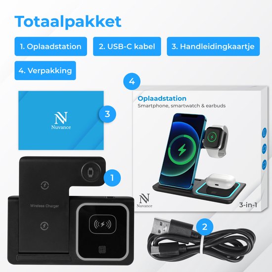 Nuvance Wireless Charger - 3 en 1 - 15W - Station de charge - Chargeur rapide - Chargeur sans fil - pour Smartphone, Smartwatch et écouteurs