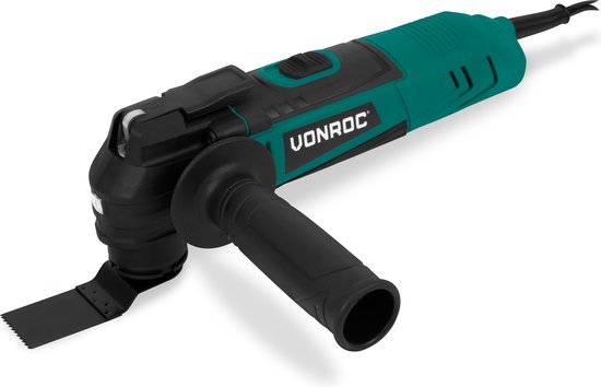 VONROC Multitool oscillant 350W - Vitesse variable 12,000 - 22,000 p/min. - Comprend un plateau de ponçage, une lame de scie, une lame de raclage et un adaptateur pour aspirateur.