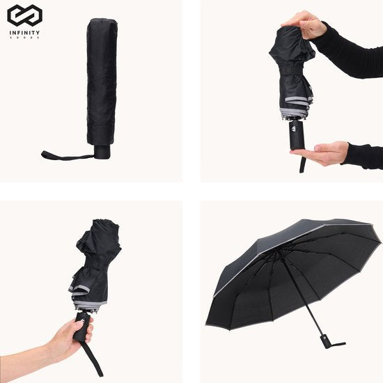 Infinity Goods Stormparaplu - Paraplu - 140 km/u - Reflecterend - Ø 107 cm - Automatisch Uitklapbaar - Beschermhoes - Zwart