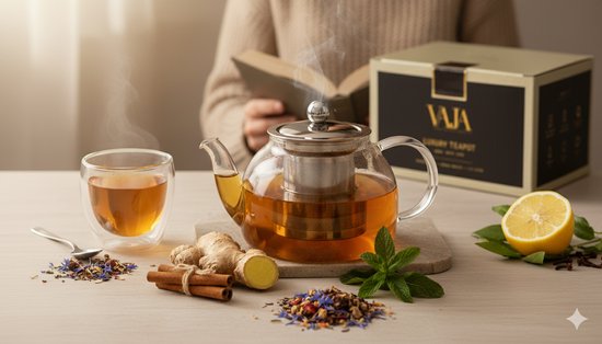 Vaja® Théière en verre avec filtre en acier inoxydable - 1,4 litre - Infuseur de thé - Pour thé en vrac / fleurs de thé - Cadeau de Noël - Verre borosilicaté avec bec verseur anti-goutte