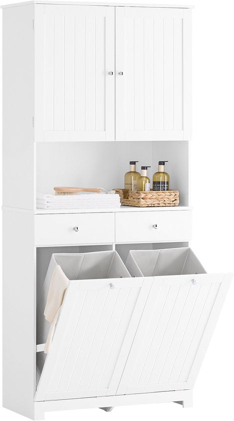SoBuy Colonne de salle de bain avec 2 paniers à linge et 2 tiroirs, armoire de salle de bain, haute, 78 x 38 x 181 cm, armoire fermée avec étagère ouverte, armoire de rangement, gain de place, pour toilettes BZR215-W