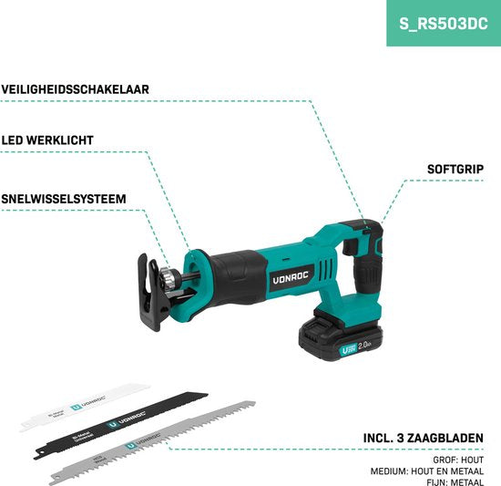 VONROC Accu Recipro saw 20V - 3 lames de scie incluses - Batterie 2.0Ah et chargeur rapide inclus