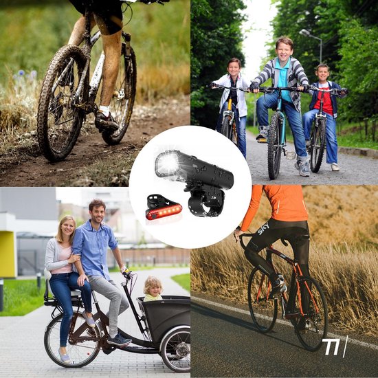 TIKKENS Kit d'éclairage LED pour vélo - Eclairage vélo USB rechargeable - Eclairage vélo avant et arrière - Eclairage VTT et vélo de route - Eclairage vélo avant et arrière étanche