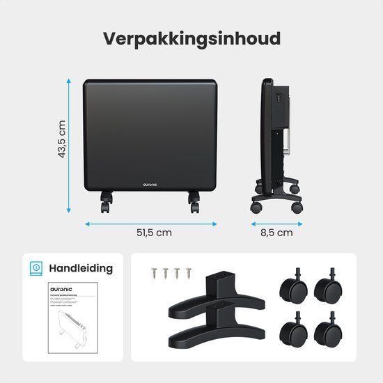 Auronic Convector Heater - 1000W - Chauffage électrique - 3 niveaux - Panneau métallique - Freestanding - Roues - Noir
