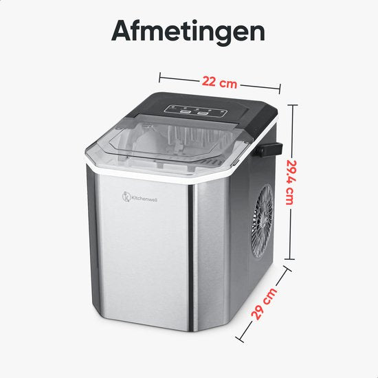 Kitchenwell Machine à glaçons - 1.3L - Machine à glaçons - Cuillère à glaçons - 12kg/24 heures - Portable - Fonction auto-nettoyante - acier inoxydable