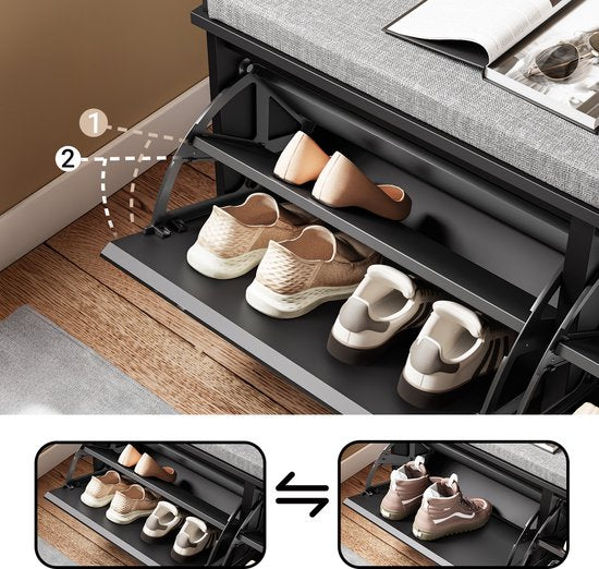 SoBuy Banc à chaussures avec coussin rembourré - Meuble à chaussures avec 2 abattants - Meuble de rangement pour chaussures - Noir, 100x26x46 cm, FSR98-XL-SCH