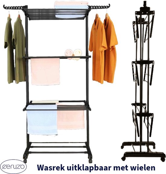 Porte-linge pliable - 75x64x178 cm - Tour de lavage - Tour de séchage à roulettes - Noir