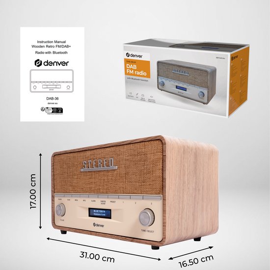 Denver DAB Radio XL - Radio rétro - Bluetooth - DAB+/ FM - Batteries et secteur - DAB36LW