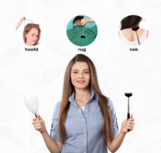 Massagerr® Head & Back Scratcher Set - 5-in-1 Back Scratcher with 5 attachments - Head Scratcher with 20 Fingers - Back Massage - Ultimate Scratching Feeling - Massage