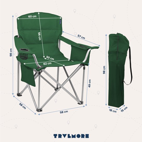 TRVLMORE Chaise de camping XL - pliable - capacité de charge 150KG - sac de transport inclus - chaise pliante - chaise de pêche - chaise de camping - chaise pliante - vert