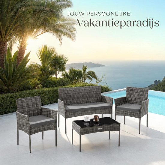 tectake® - Ensemble de jardin en osier Palese - Groupe de sièges pour 4 personnes - Ensemble de meubles de jardin avec banc de salon, table de jardin et 2 chaises de jardin, y compris les coussins d'assise - Meubles de jardin - Résistant à l'eau - Gris