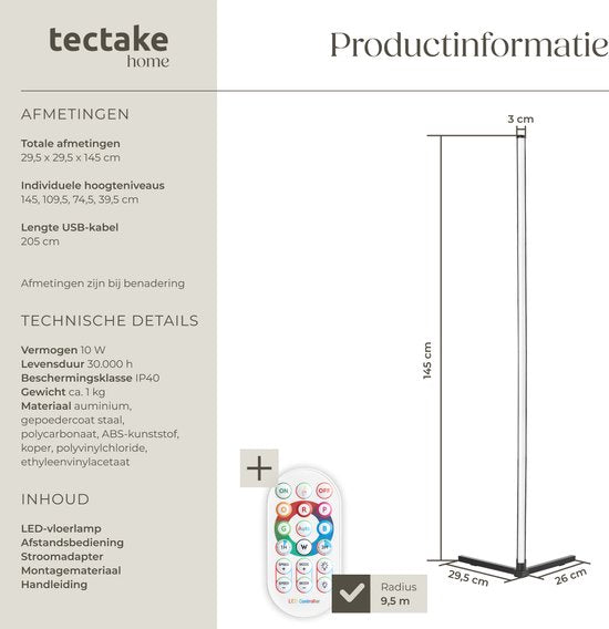 tectake® Smart LED Floor Lamp Spectra - Lampe d'angle avec 16 millions de couleurs - 200 effets lumineux - Lampadaire intelligent - 145 cm - Dimmable - Contrôlé par App, Télécommande, Bouton et Voix - Lampadaire de salon - Atmosphere Lighting