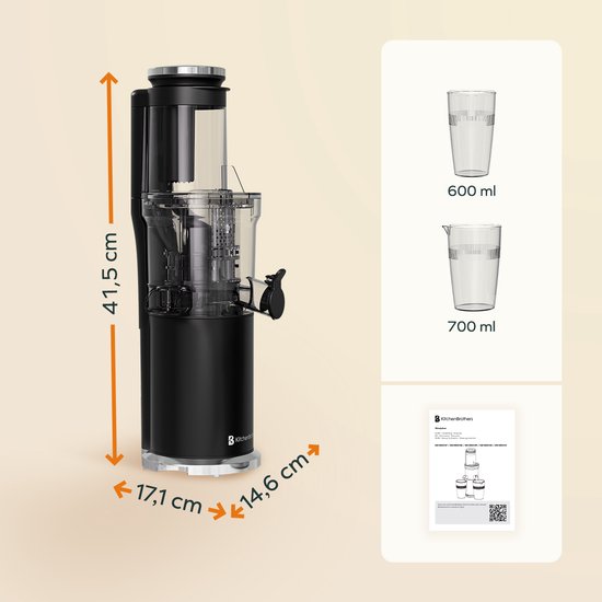 KitchenBrothers Slowjuicer - Vertical - Presse-agrumes - Presse-légumes et fruits - 80 mm - 750 ml - Noir