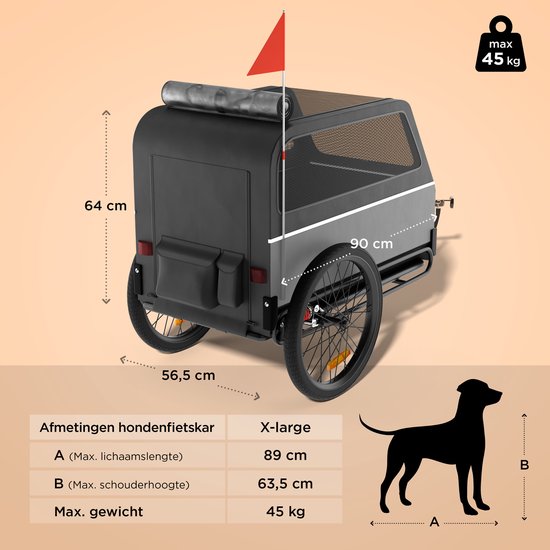 TrevoPet® Dog Bike Trailer XL - remorque pliante pour vélo - remorque pour chien avec rampe, système de suspension et résistance aux intempéries - convient aux vélos électriques - 45 kg - gris